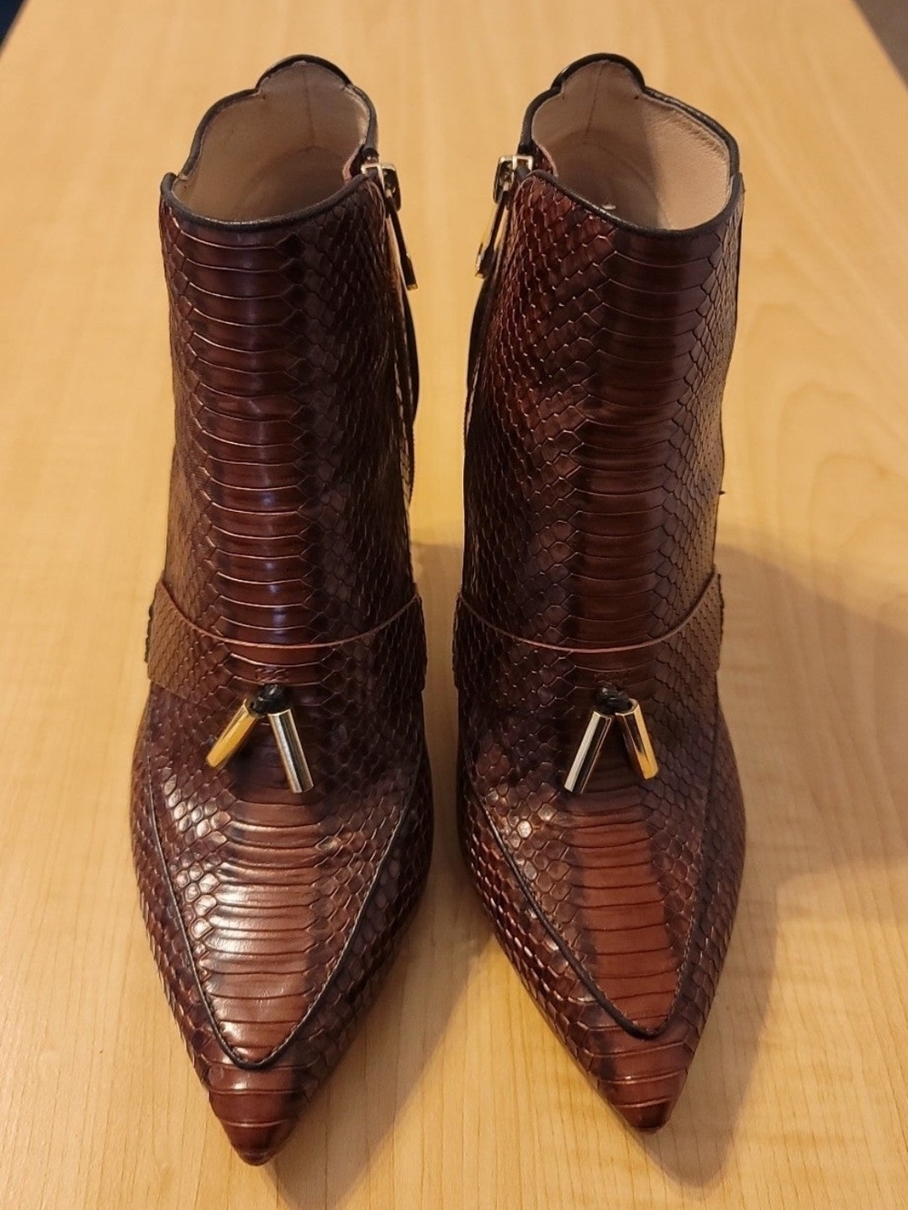 Women's Brown Snake-Embossed Pointed Ankle Booties